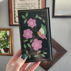 Vintage Floral Cosmetic Jewelry Box With Fold Out Mirror Black Acrylic Hong Kong